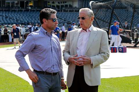 NEW YORK, NEW YORK – JUNE 28: (NEW YORK DAILIES OUT) New York Mets COO Jeff Wilpon (L) and majority owner Fred Wilpon during batting practice before a game against the Atlanta Braves at Citi Field on Friday, June 28, 2019 in the Queens borough of New York City. The Braves defeated the Mets 6-2. (Photo by Jim McIsaac/Getty Images)