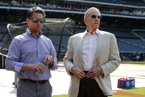 NEW YORK, NEW YORK – JUNE 28: (NEW YORK DAILIES OUT) New York Mets COO Jeff Wilpon (L) and majority owner Fred Wilpon during batting practice before a game against the Atlanta Braves at Citi Field on Friday, June 28, 2019 in the Queens borough of New York City. The Braves defeated the Mets 6-2. (Photo by Jim McIsaac/Getty Images)