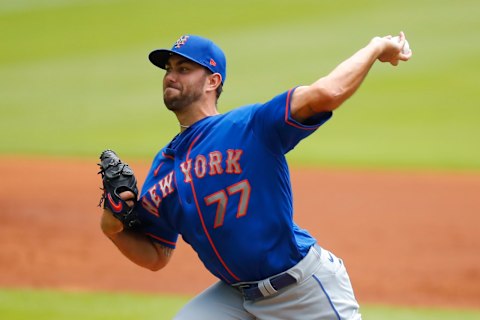 ATLANTA, GA – AUGUST 02: David Peterson #77 of the New York Mets delivers the pitch in the first inning of an MLB game against the Atlanta Braves at Truist Park on August 2, 2020 in Atlanta, Georgia. (Photo by Todd Kirkland/Getty Images)