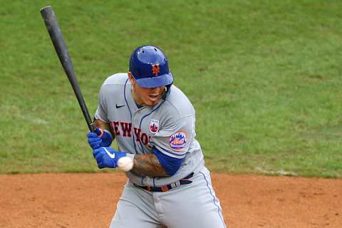 PHILADELPHIA, PA – AUGUST 16: Wilson Ramos #40 of the New York Mets is hit by a pitch from Zack Wheeler #45 of the Philadelphia Phillies during the fourth inning of an MLB baseball game at Citizens Bank Park on August 16, 2020 in Philadelphia, Pennsylvania. The Phillies defeated the Mets 6-2. (Photo by Rich Schultz/Getty Images)