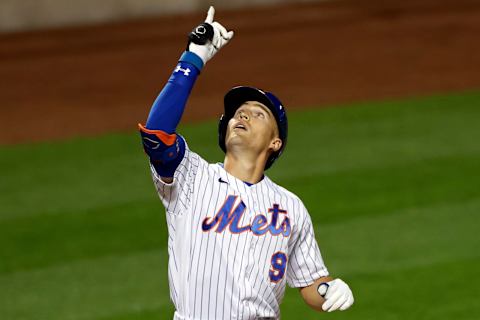 NEW YORK, NY – AUGUST 26: Brandon Nimmo #9 of the New York Mets celebrates during the fifth inning after hitting a solo home run against the Miami Marlins at Citi Field on August 26, 2020 in the Flushing neighborhood of the Queens borough of New York City. (Photo by Adam Hunger/Getty Images)