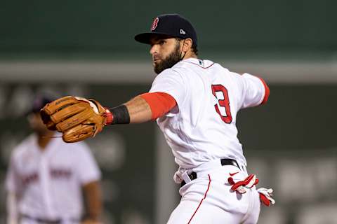 BOSTON, MA – SEPTEMBER 2: Jose Peraza #3 of the Boston Red Sox throws during the third inning of a game against the Atlanta Braves on September 2, 2020 at Fenway Park in Boston, Massachusetts. (Photo by Billie Weiss/Boston Red Sox/Getty Images)