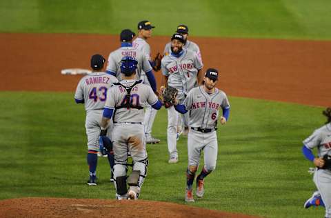 BUFFALO, NY – SEPTEMBER 11: The New York Mets celebrate a win over the Toronto Blue Jays at Sahlen Field on September 11, 2020 in Buffalo, United States. Mets beat the Blue Jays 18 to 1. (Photo by Timothy T Ludwig/Getty Images)