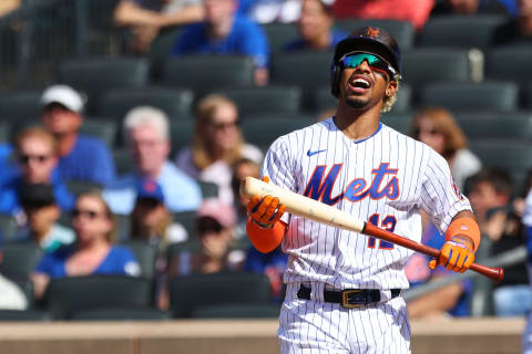 NEW YORK, NY – JUNE 26: Francisco Lindor #12 of the New York Mets reacts to striking out against the Philadelphia Phillies during the first inning of a game at Citi Field on June 26, 2021 in New York City. (Photo by Rich Schultz/Getty Images)