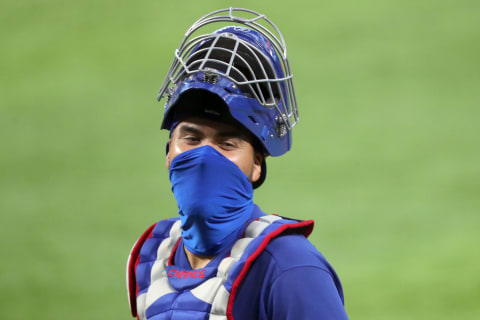 ARLINGTON, TEXAS – JULY 09: Robinson Chirinos #61 of the Texas Rangers in action during an intrasquad game during Major League Baseball summer workouts at Globe Life Field on July 09, 2020 in Arlington, Texas. (Photo by Tom Pennington/Getty Images)