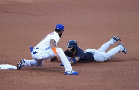 NEW YORK, NEW YORK – JULY 18: Gleyber Torres #25 of the New York Yankees is tagged out by Amed Rosario #1 of the New York Mets on a steal attempt in the first inning during their Pre Season game at Citi Field on July 18, 2020 in New York City. (Photo by Al Bello/Getty Images)