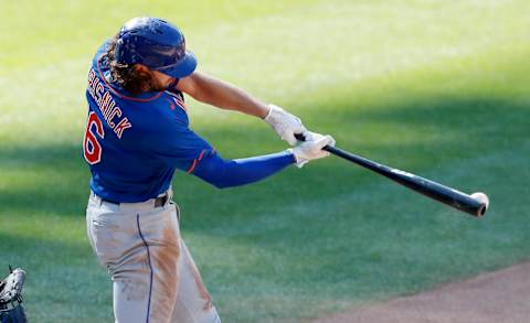 NEW YORK, NEW YORK – JULY 21: (NEW YORK DAILIES OUT) Jake Marisnick #16 of the New York Mets in action during an intra squad game at Citi Field on July 21, 2020 in New York City. (Photo by Jim McIsaac/Getty Images)