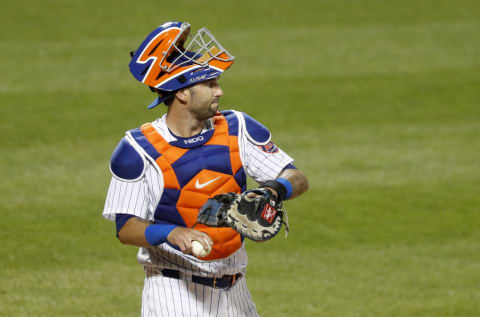 NEW YORK, NEW YORK – JULY 26: Tomas Nido #3 of the New York Mets in action against the Atlanta Braves at Citi Field on July 26, 2020 in New York City. The 2020 season had been postponed since March due to the COVID-19 pandemic. The Braves defeated the Mets 14-1. (Photo by Jim McIsaac/Getty Images)