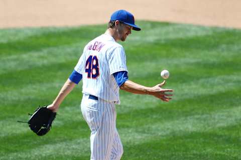 NEW YORK, NEW YORK – AUGUST 09: Jacob deGrom #48 of the New York Mets reacts after giving up a 2-run home run to Jesus Aguilar #24 of the Miami Marlins in the fifth inning at Citi Field on August 09, 2020 in New York City. (Photo by Mike Stobe/Getty Images)