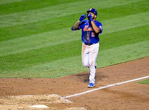 NEW YORK, NEW YORK – AUGUST 12: Dominic Smith #2 of the New York Mets hits a home run against the Washington Nationals at Citi Field on August 12, 2020 in New York City. (Photo by Steven Ryan/Getty Images)