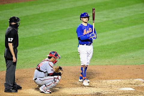 NEW YORK, NEW YORK – AUGUST 12: J.D. Davis #28 of the New York Mets at bat against the Washington Nationals at Citi Field on August 12, 2020 in New York City. (Photo by Steven Ryan/Getty Images)