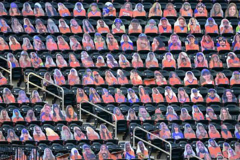 NEW YORK, NEW YORK – AUGUST 11: A view of the cutout fans during the games between the New York Mets and the Washington Nationals at Citi Field on August 11, 2020 in New York City. (Photo by Steven Ryan/Getty Images)