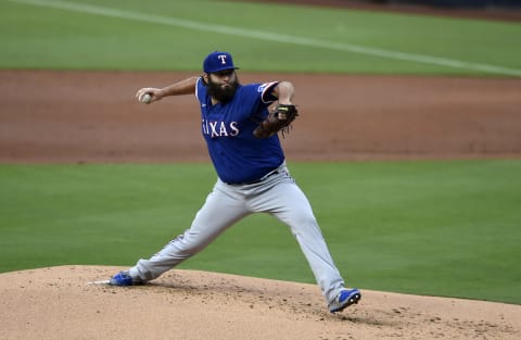 SAN DIEGO, CA – AUGUST 19: Lance Lynn #35 of the Texas Rangers pitches during the first inning of a baseball game against the San Diego Padres at Petco Park on August 19, 2020 in San Diego, California. (Photo by Denis Poroy/Getty Images)