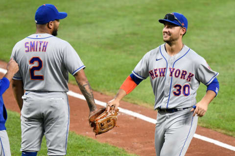 BALTIMORE, MD – SEPTEMBER 02: Michael Conforto #30 of the New York Mets celebrates with Dominic Smith #2 after a victory against the Baltimore Orioles at Oriole Park at Camden Yards on September 2, 2020 in Baltimore, Maryland. (Photo by G Fiume/Getty Images)