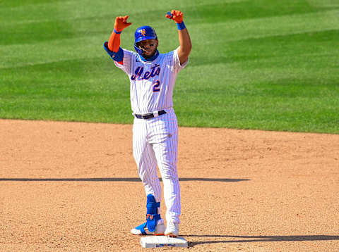 NEW YORK, NEW YORK – SEPTEMBER 06: Dominic Smith #2 of the New York Mets celebrates after hitting a double against the Philadelphia Phillies at Citi Field on September 06, 2020 in New York City. (Photo by Steven Ryan/Getty Images)