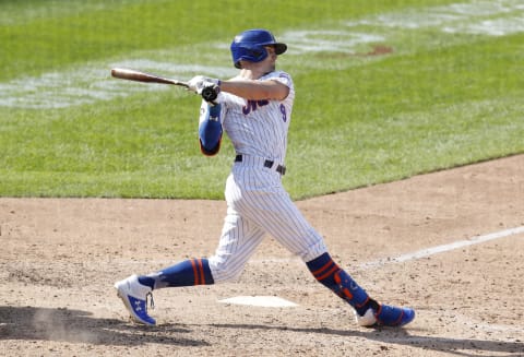 NEW YORK, NEW YORK – SEPTEMBER 07: Brandon Nimmo #9 of the New York Mets in action against the Philadelphia Phillies at Citi Field on September 07, 2020 in New York City. The Phillies defeated the Mets 9-8 in ten innings. (Photo by Jim McIsaac/Getty Images)