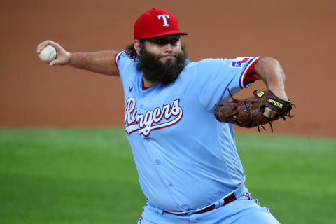 ARLINGTON, TEXAS – SEPTEMBER 13: Lance Lynn #35 of the Texas Rangers pitches against the Oakland Athletics in the top of the first inning at Globe Life Field on September 13, 2020 in Arlington, Texas. (Photo by Tom Pennington/Getty Images)