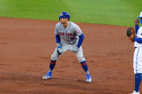 BUFFALO, NY – SEPTEMBER 11: Brandon Nimmo #9 of the New York Mets against the Toronto Blue Jays at Sahlen Field on September 11, 2020 in Buffalo, United States. Mets beat the Blue Jays 18 to 1. (Photo by Timothy T Ludwig/Getty Images)