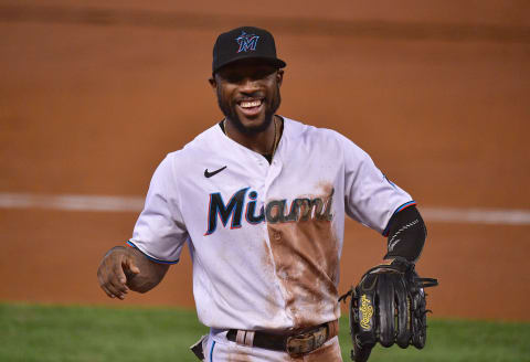 MIAMI, FLORIDA – SEPTEMBER 17: Starling Marte #6 of the Miami Marlins looks on against the Boston Red Sox at Marlins Park on September 17, 2020 in Miami, Florida. (Photo by Mark Brown/Getty Images)