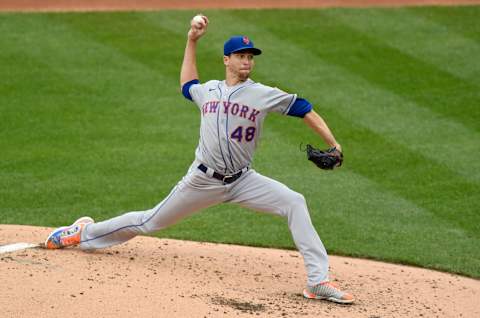 WASHINGTON, DC – SEPTEMBER 26: Jacob deGrom #48 of the New York Mets pitches against the Washington Nationals during game 1 of a double header at Nationals Park on September 26, 2020 in Washington, DC. (Photo by G Fiume/Getty Images)