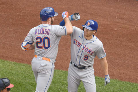 WASHINGTON, DC – SEPTEMBER 27: Pete Alonso #20 of the New York Mets celebrates a home run with Brandon Nimmo #9 during a baseball game against the Washington Nationals at Nationals Park on September 27, 2020 in Washington, DC. (Photo by Mitchell Layton/Getty Images)