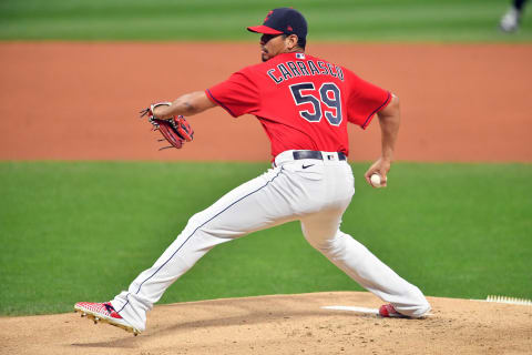 CLEVELAND, OHIO – SEPTEMBER 30: Starting pitcher Carlos Carrasco #59 of the Cleveland Indians pitches during the first inning of Game Two of the American League Wild Card Series against the New York Yankees at Progressive Field on September 30, 2020 in Cleveland, Ohio. (Photo by Jason Miller/Getty Images)