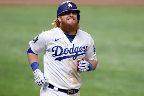 ARLINGTON, TEXAS – OCTOBER 27: Justin Turner #10 of the Los Angeles Dodgers reacts after flying out against the Tampa Bay Rays during the sixth inning in Game Six of the 2020 MLB World Series at Globe Life Field on October 27, 2020 in Arlington, Texas. (Photo by Tom Pennington/Getty Images)