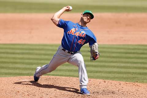 JUPITER, FLORIDA – MARCH 17: Jacob Barnes #40 of the New York Mets delivers a pitch against the Miami Marlins during the sixth inning of a Grapefruit League spring training game at Roger Dean Stadium on March 17, 2021 in Jupiter, Florida. (Photo by Michael Reaves/Getty Images)