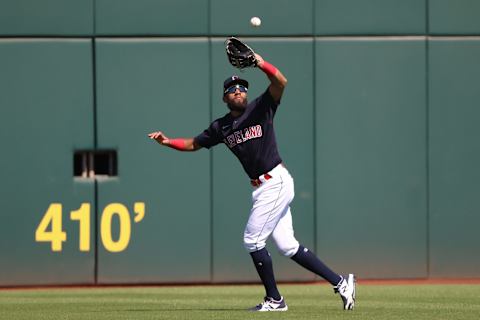 GOODYEAR, ARIZONA – MARCH 18: Amed Rosario #1 of the Cleveland Indians catches a fly out in the fourth inning against the Chicago Cubs during their MLB spring training baseball game at Goodyear Ballpark on March 18, 2021 in Goodyear, Arizona. (Photo by Abbie Parr/Getty Images)