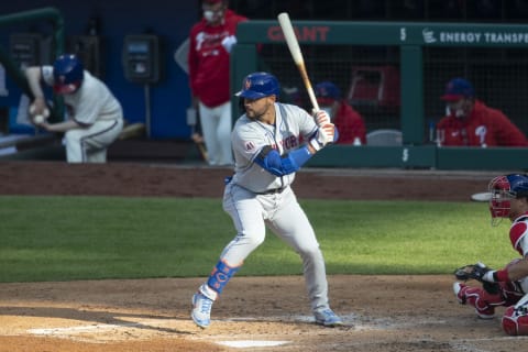 PHILADELPHIA, PA – APRIL 07: Michael Conforto #30 of the New York Mets bats against the Philadelphia Phillies at Citizens Bank Park on April 7, 2021 in Philadelphia, Pennsylvania. The Phillies defeated the Mets 8-2. (Photo by Mitchell Leff/Getty Images)