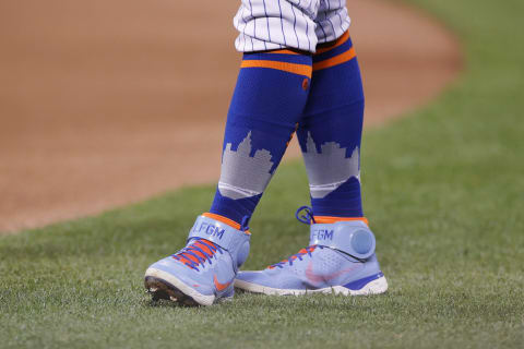 NEW YORK, NEW YORK – APRIL 14: Detail of the Nike shoes worn by Pete Alonso #20 of the New York Mets during the first inning against the Philadelphia Phillies at Citi Field on April 14, 2021 in the Queens borough of New York City. (Photo by Sarah Stier/Getty Images)