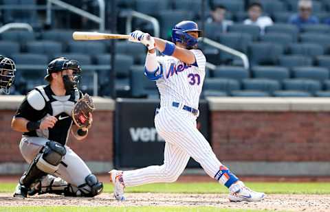 NEW YORK, NEW YORK – APRIL 10: (NEW YORK DAILIES OUT) Michael Conforto #30 of the New York Mets in action against the Miami Marlins at Citi Field on April 10, 2021 in New York City. The Marlins defeated the Mets 3-0. (Photo by Jim McIsaac/Getty Images)