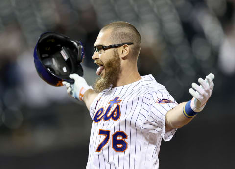 NEW YORK, NEW YORK – MAY 11: Patrick Mazeika #76 of the New York Mets celebrates after the game winning run was scored on a fielder’s choice during his at bat against the Baltimore Orioles at Citi Field on May 11, 2021 in the Flushing neighborhood of the Queens borough of New York City.The New York Mets defeated the Baltimore Orioles 3-2. (Photo by Elsa/Getty Images)