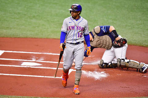 ST PETERSBURG, FLORIDA – MAY 14: Francisco Lindor #12 of the New York Mets reacts to striking out against Tyler Glasnow of the Tampa Bay Rays in the first inning at Tropicana Field on May 14, 2021 in St Petersburg, Florida. (Photo by Julio Aguilar/Getty Images)