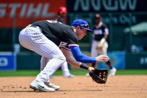 DENVER, CO – JULY 11: Brett Baty #25 of National League Futures Team warms up before a game against the American League Futures Team at Coors Field on July 11, 2021 in Denver, Colorado.(Photo by Dustin Bradford/Getty Images)