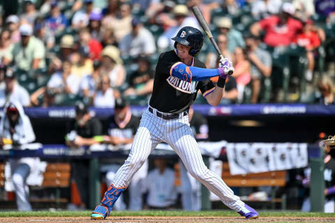 DENVER, CO – JULY 11: Brett Baty #25 of the National League Futures Team bats against the American League Futures Team at Coors Field on July 11, 2021, in Denver, Colorado. (Photo by Dustin Bradford/Getty Images)