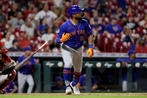 CINCINNATI, OHIO – JULY 19: Kevin Pillar #11 of the New York Mets hits a home run in the eleventh inning against the Cincinnati Reds at Great American Ball Park on July 19, 2021 in Cincinnati, Ohio. (Photo by Dylan Buell/Getty Images)