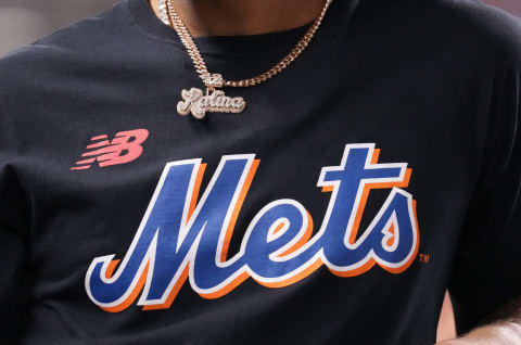 MIAMI, FLORIDA – AUGUST 04: A detailed view of the necklace worn by Francisco Lindor #12 of the New York Mets during the game against the Miami Marlins at loanDepot park on August 04, 2021 in Miami, Florida. (Photo by Mark Brown/Getty Images)