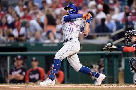 WASHINGTON, DC – SEPTEMBER 03: Kevin Pillar #11 of the New York Mets bats against the Washington Nationals at Nationals Park on September 03, 2021 in Washington, DC. (Photo by G Fiume/Getty Images)