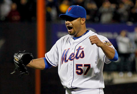 NEW YORK, NY – JUNE 01: Johan Santana #57 of the New York Mets celebrates after pitching a no hitter against the St. Louis Cardinals at Citi Field on June 1, 2012 in the Flushing neighborhood of the Queens borough of New York City. Johan Santana pitches the first no hitter in Mets history. Mets defeated the Cardinals 8-0. (Photo by Mike Stobe/Getty Images)