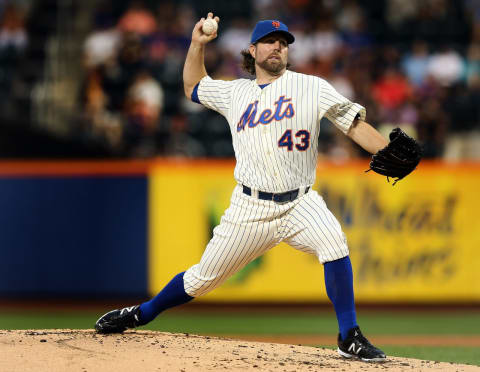 NEW YORK, NY – AUGUST 20: R.A. Dickey #43 of the New York Mets delivers a pitch in the second inning against the Colorado Rockies on August 20, 2012 at Citi Field in the Flushing neighborhood of the Queens borough of New York City. (Photo by Elsa/Getty Images)