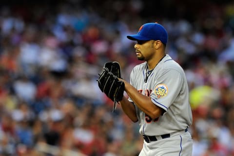 WASHINGTON, DC – AUGUST 17: Johan Santana #57 of the New York Mets in action against the Washington Nationals at Nationals Park on August 17, 2012 in Washington, DC. (Photo by Patrick McDermott/Getty Images)