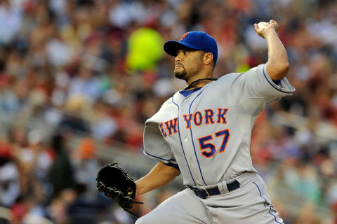 WASHINGTON, DC – AUGUST 17: Johan Santana #57 of the New York Mets in action against the Washington Nationals at Nationals Park on August 17, 2012 in Washington, DC. (Photo by Patrick McDermott/Getty Images)