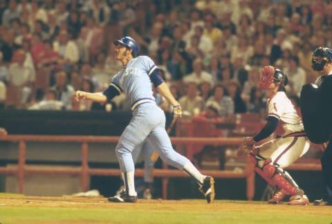 ANAHEIM, CA – CIRCA 1981: Amos Otis #26 of the Kansas City Royals bats against the California Angels during an Major League Baseball game circa 1981 at Anaheim Stadium in Anaheim, Californis. Otis played for the Royals from 1970-83. (Photo by Focus on Sport/Getty Images)