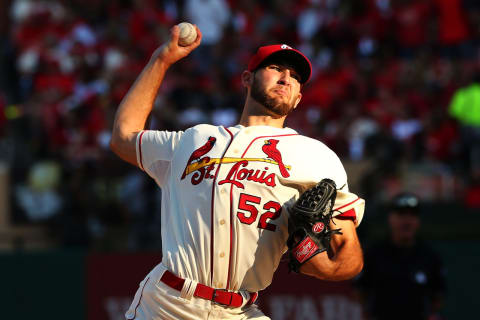 ST LOUIS, MO – OCTOBER 12: Michael Wacha #52 of the St. Louis Cardinals pitches against the Los Angeles Dodgers during Game Two of the National League Championship Series at Busch Stadium on October 12, 2013 in St Louis, Missouri. (Photo by Elsa/Getty Images)