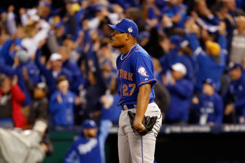 KANSAS CITY, MO – OCTOBER 27: Jeurys Familia #27 of the New York Mets reacts after Alex Gordon #4 of the Kansas City Royals (not pictured) hits a solo home run in the ninth inning during Game One of the 2015 World Series at Kauffman Stadium on October 27, 2015 in Kansas City, Missouri. (Photo by Sean M. Haffey/Getty Images)