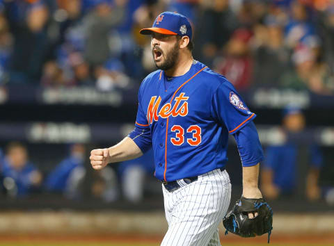 NEW YORK, NY – NOVEMBER 01: (NEW YORK DAILIES OUT) Matt Harvey #33 of the New York Mets reacts after the final out of the seventh inning against the Kansas City Royals during game five of the 2015 World Series at Citi Field on November 1, 2015 in the Flushing neighborhood of the Queens borough of New York City. The Royals defeated the Mets 7-2. (Photo by Jim McIsaac/Getty Images)