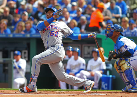 KANSAS CITY, MO – APRIL 05: Yoenis Cespedes #52 of the New York Mets bats in the first inning of a game against the Kansas City Royals at Kauffman Stadium on April 5, 2015 in Kansas City, Missouri. The Mets defeated the Royals 2-0. (Photo by Jay Biggerstaff/TUSP/Getty Images)