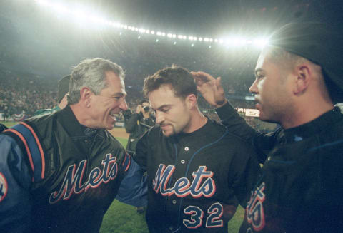 16 Oct 2000: General Manager Bobby Valentine of the New York Mets congratulates Mike Hampton #32 after the National League Divisional Series Game 5 against the St. Louis Cardinals at Shea Stadium in New York, New York. The Mets defeated the Cardinals 7-0.Mandatory Credit: Al Bello /Allsport