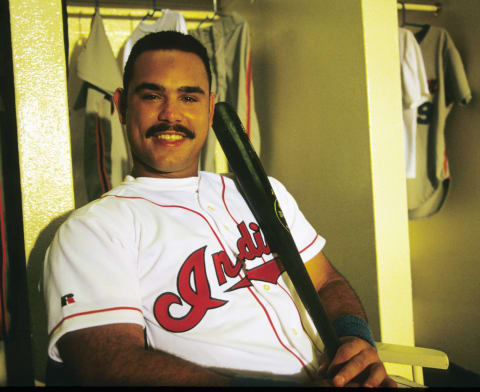 WINTER HAVEN, FL – FEBRUARY 1994: Carlos Baerga #9 of the Cleveland Indians poses in front of his locker in February 1994 in Winter Haven, Florida. (Photo by Ronald C. Modra/Getty Images)